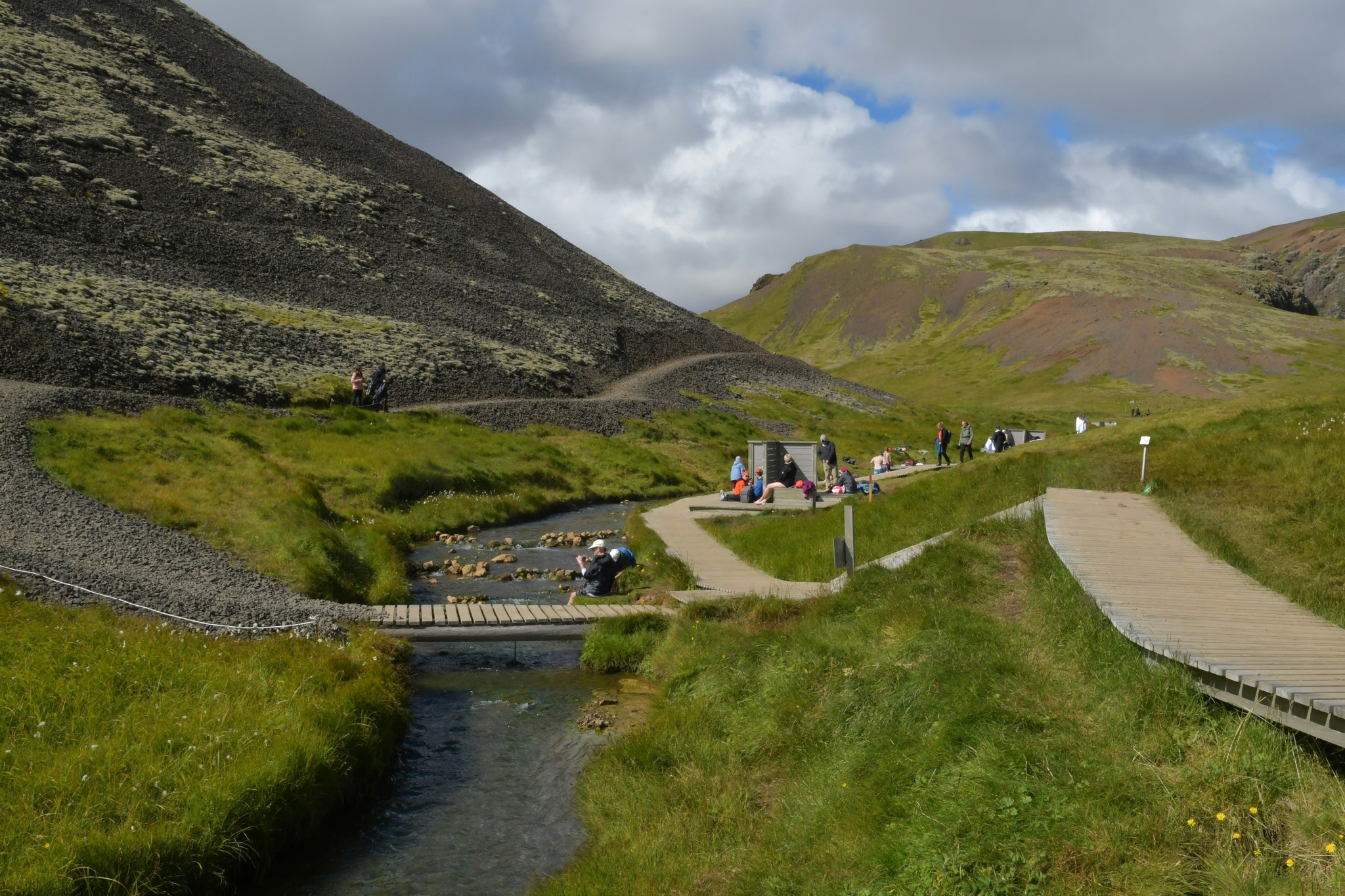 Hiking trails along the Reykjadalur hot spring river in Hveragerði, South Iceland.