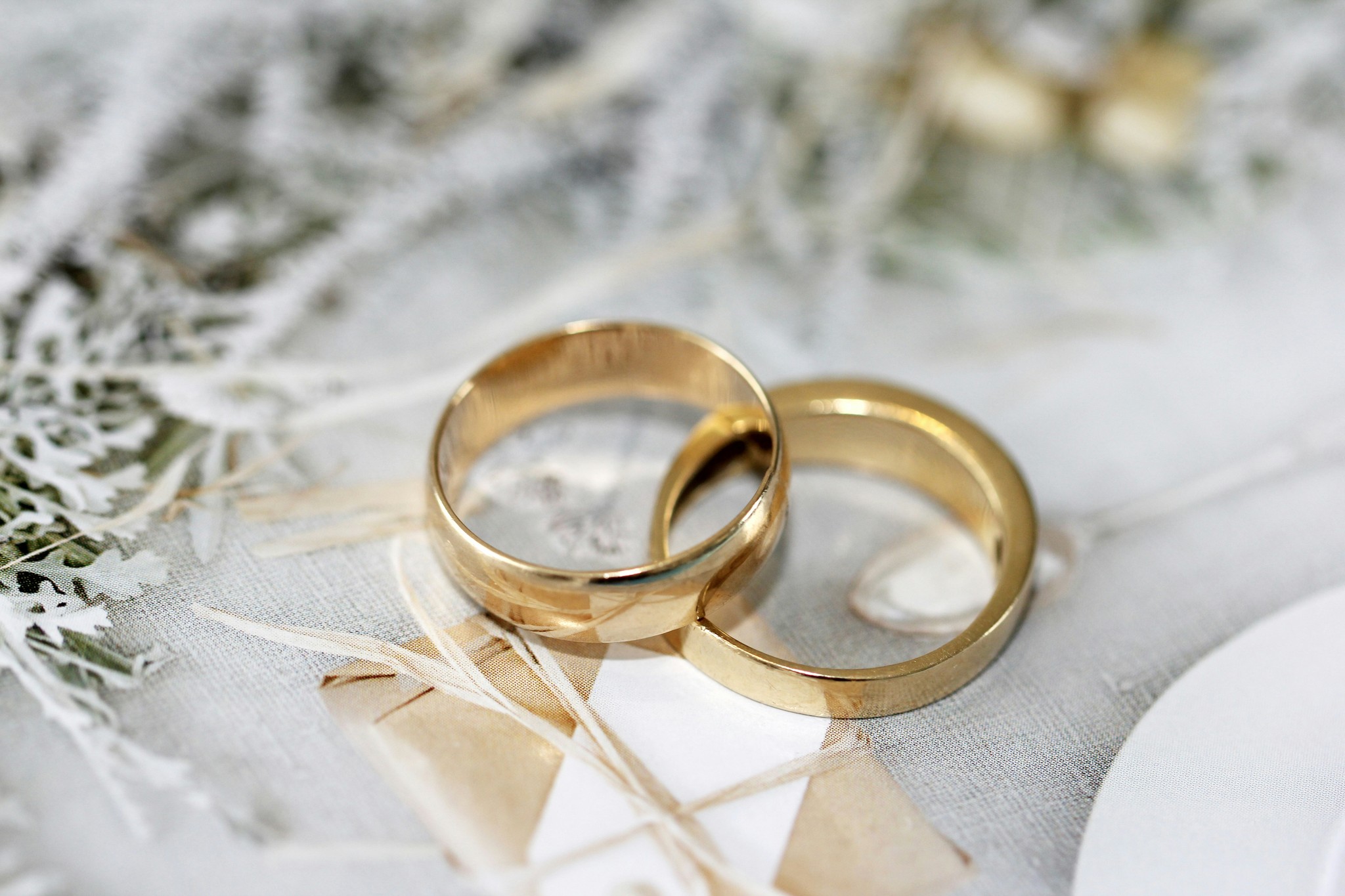 Pair of wedding bands placed together.