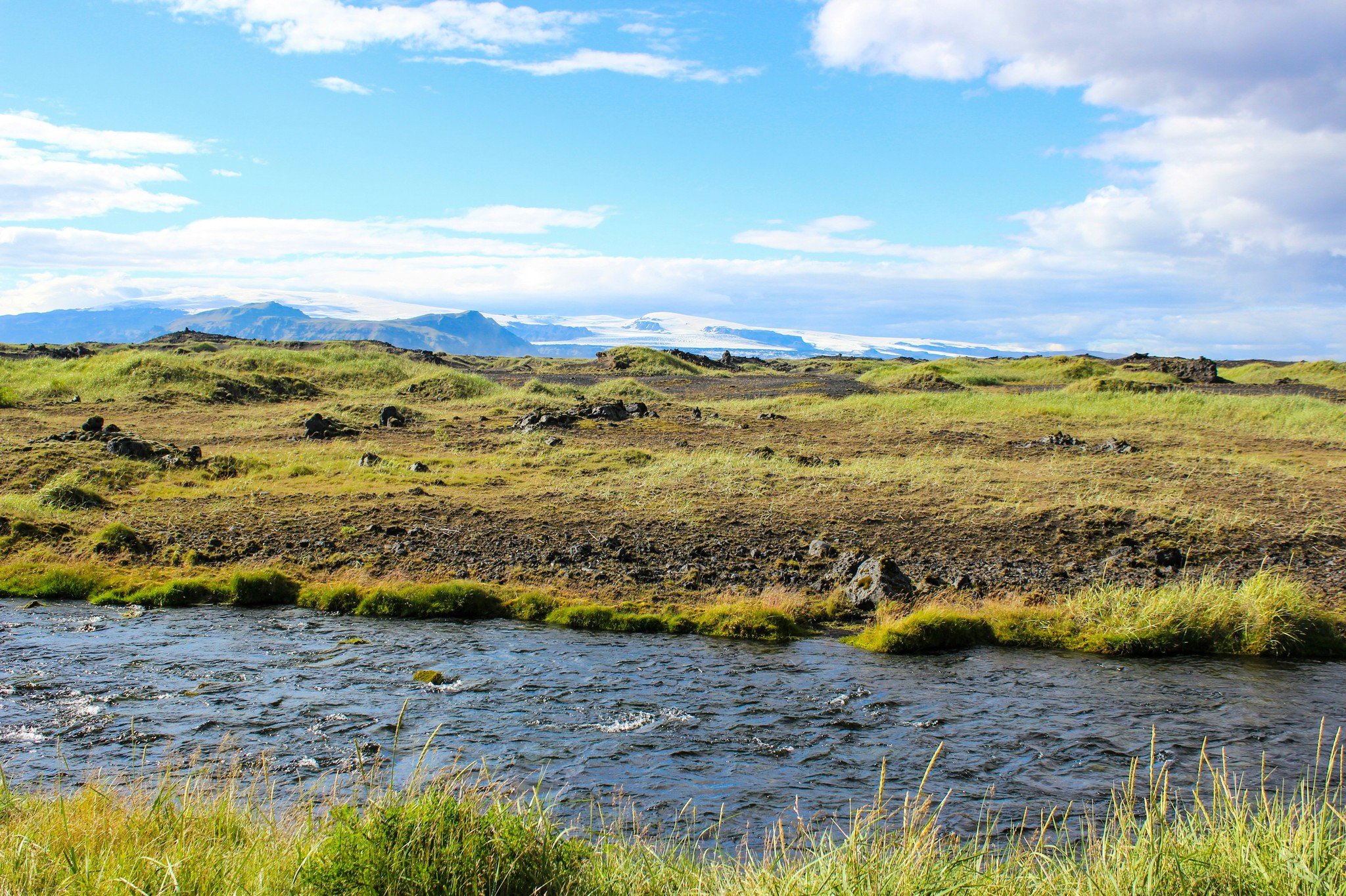 A river flowing through a grassy field in Iceland.