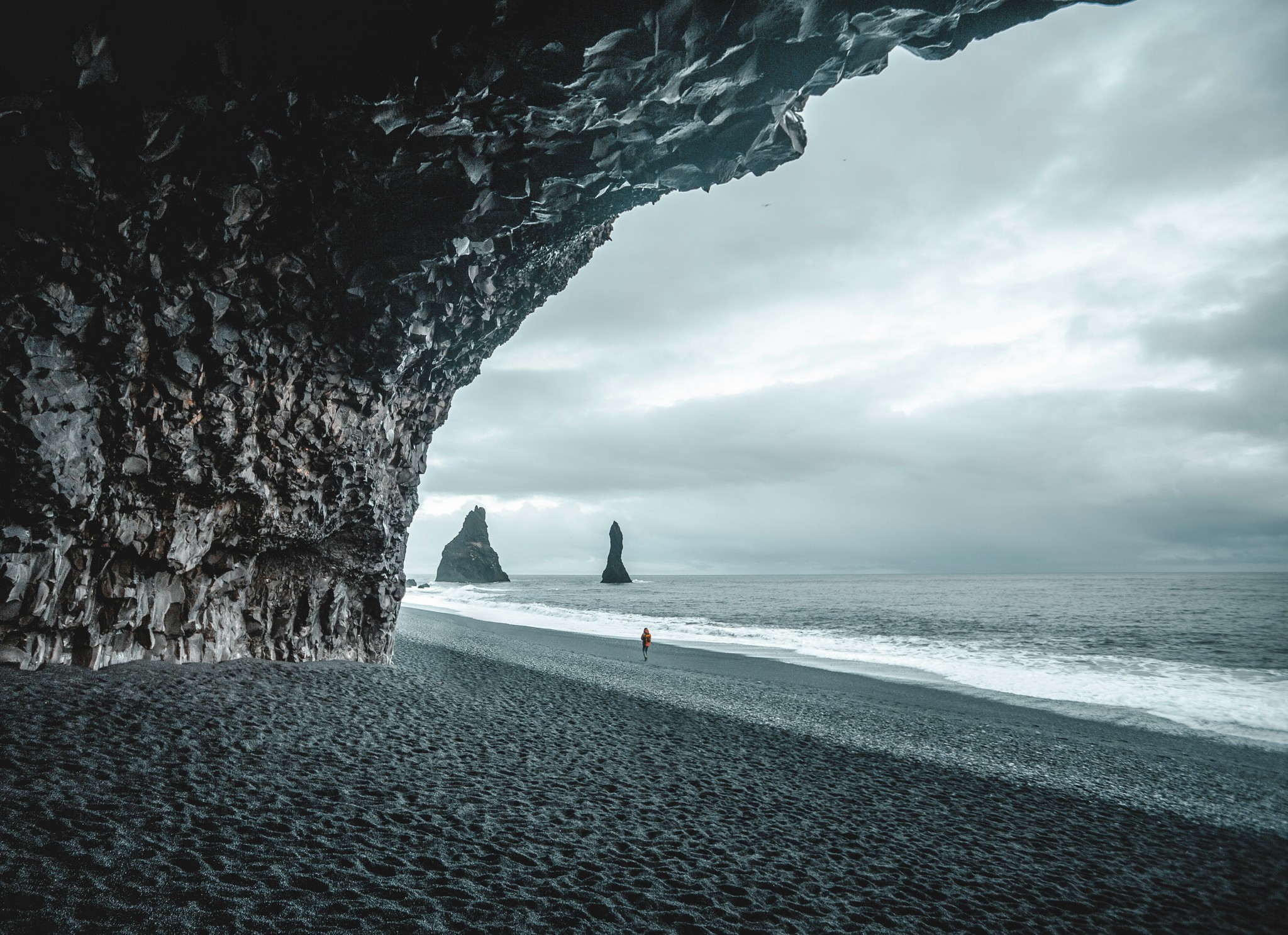 Inside a cave at Reynisfjara Black Sand Beach in South Iceland.