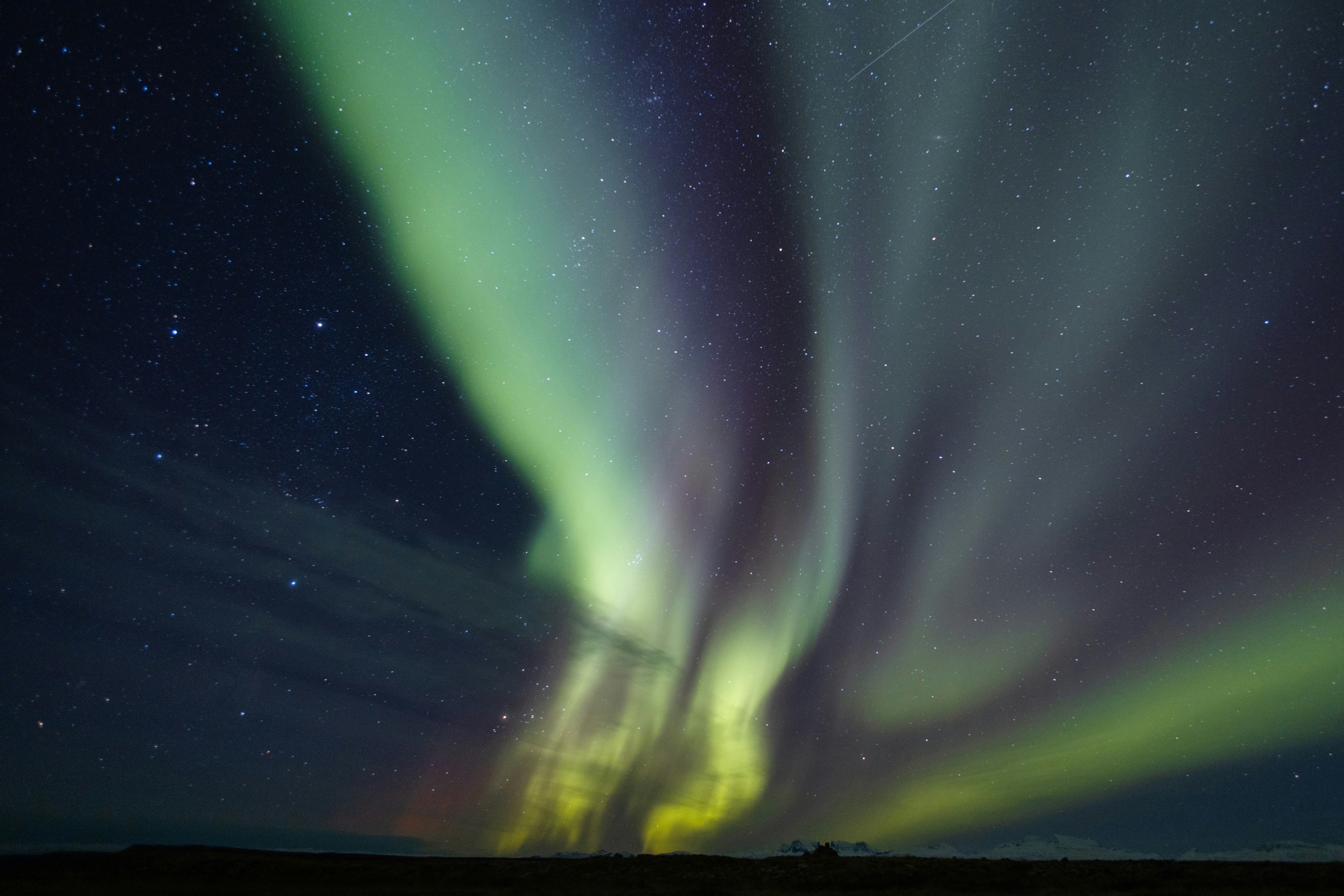 Vivid Northern Lights over the town of Ölfus in South Iceland.